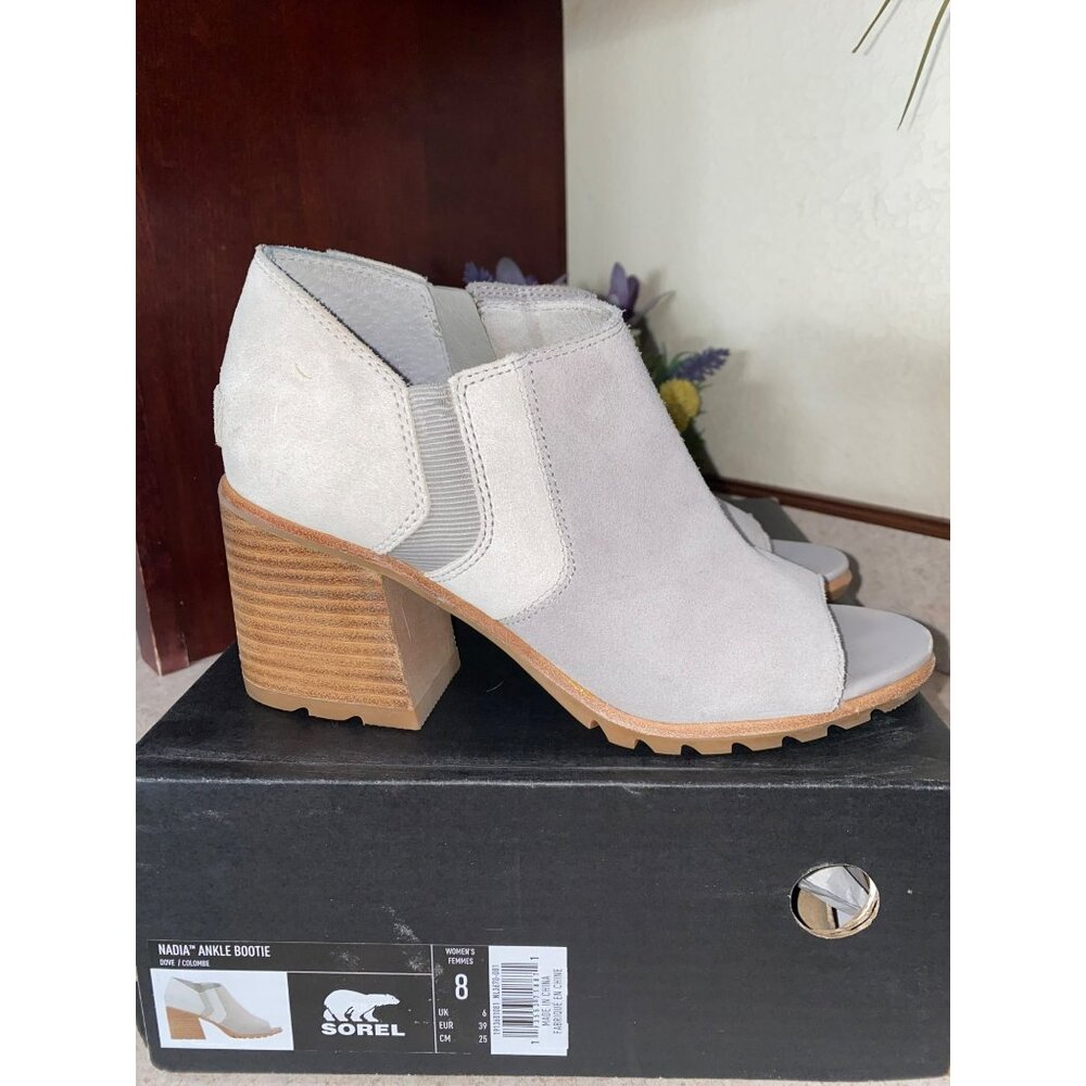 Sorel Nadia Ankle Bootie Suede Open-Toe Sandals Wmns Size 8 Light Beige W/ Block
